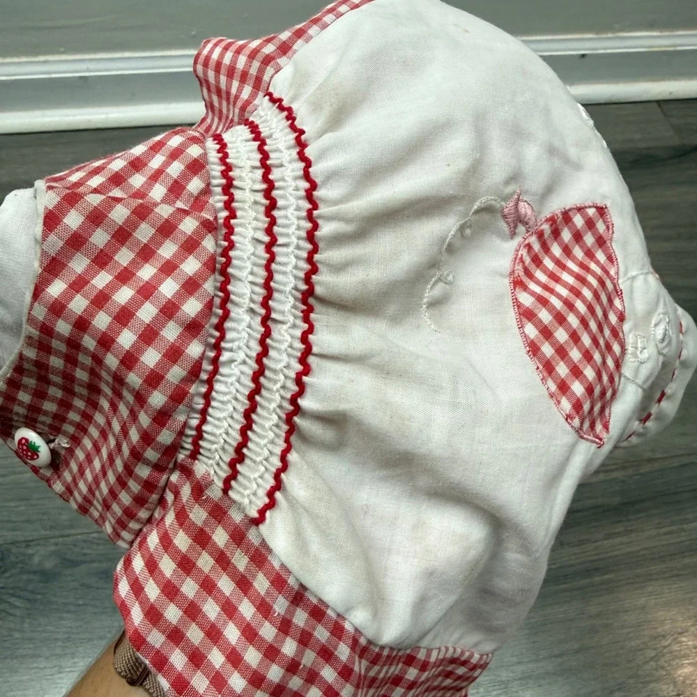 Vintage Red Gingham Mushroom House Baby Dress 3-6M Sleeveless Strawberry Button